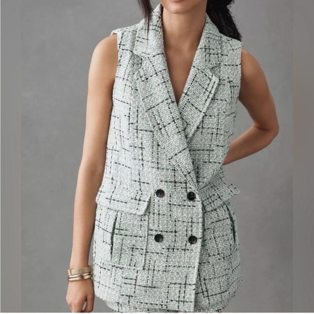 Anthropologie Mint and Black Tweed Sleeveless Double-Breasted Vest